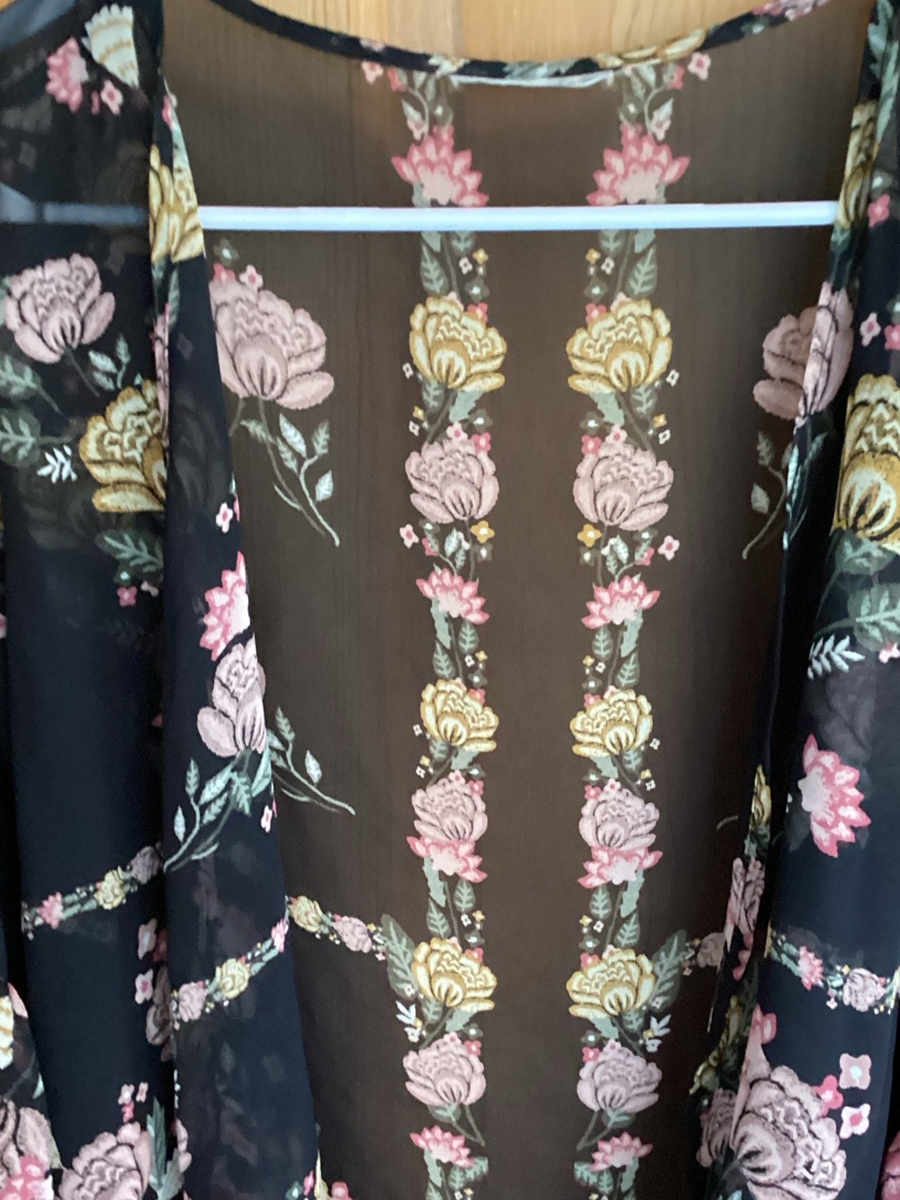 Sheer Floral Embroidered Kimono - Black with Pink & Gold Flowers